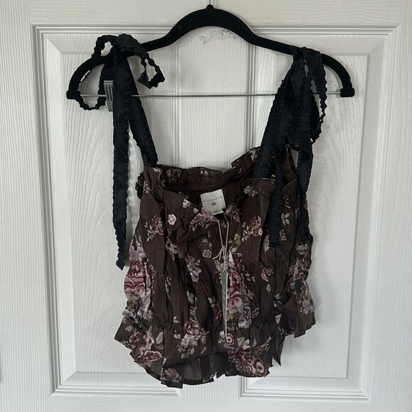 Brock Collection x H&M Brown Floral Print Ribbon Tie Shoulder Gathered Top NWT - Picture 2 of 5